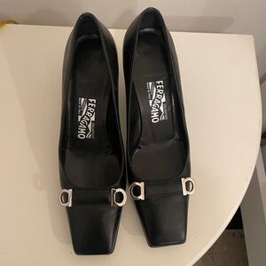 Salvatore Ferragamo Black Leather Heels with Silver Accents